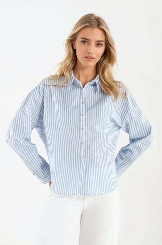 Camicia di Lino Rigata Celeste Monte Carlo