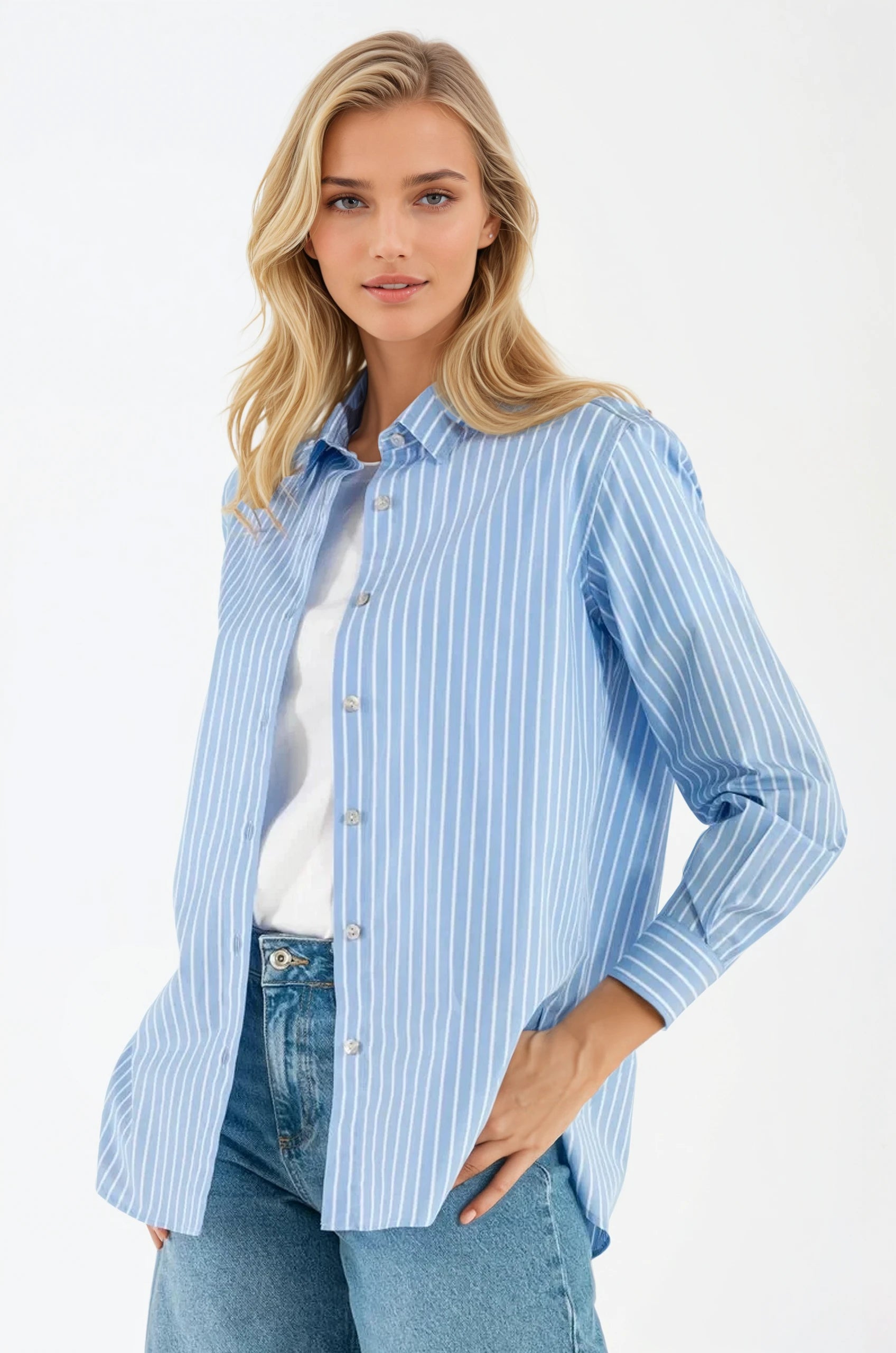 Camicia di Cotone Rigata Celeste Milano