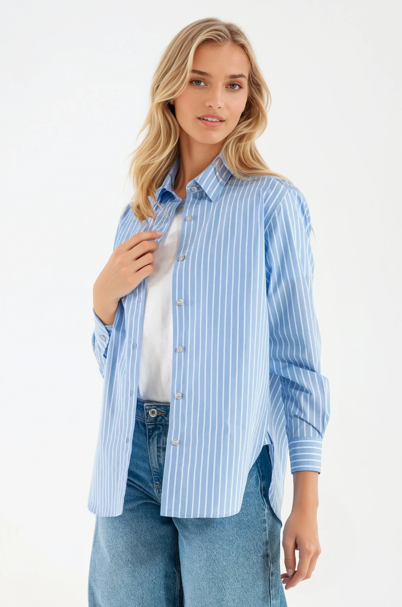 Camicia di Cotone Rigata Celeste Milano
