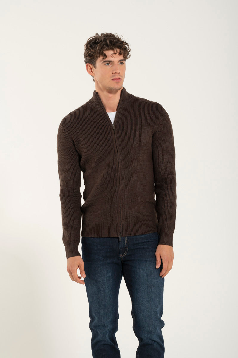 Maglione Zip Marrone Misto Lana
