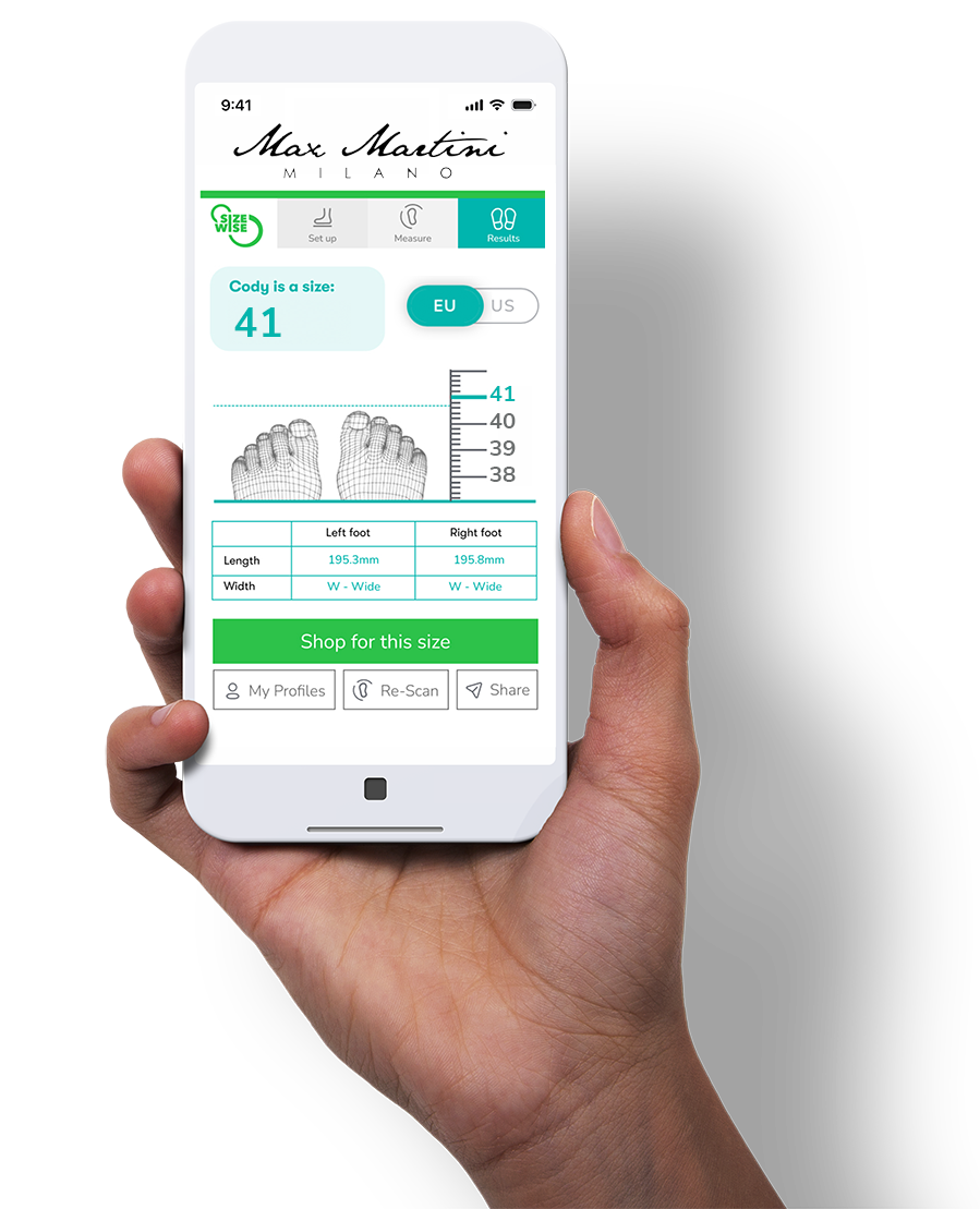 SizeWise results displayed on a mobile phone
