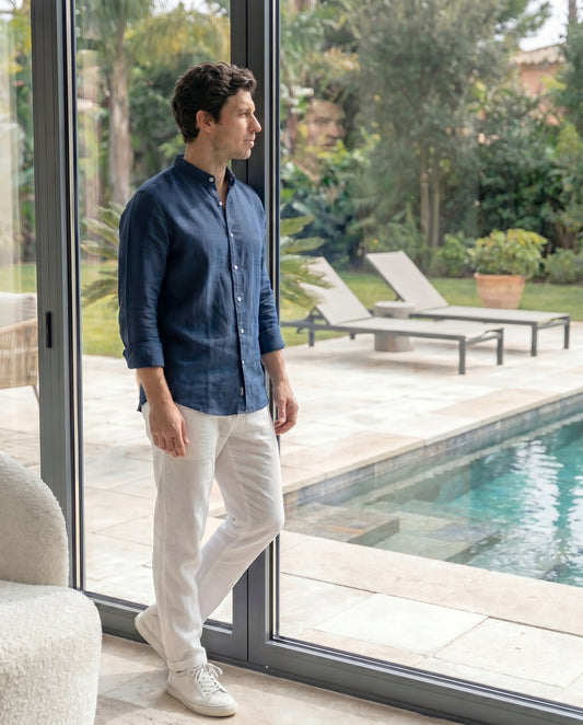 Pure Linen Mao Blue Shirt